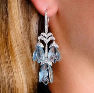 Lab Blue Topaz Dangle Earrings 925 Sterling Silver Auction New Jewelry For Women - Picture 1 of 1