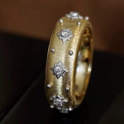 Vintage Italy Satin Texture Natural Diamond Band Women Ring 14K 2-Tone Gold Gift - Image 1 of 4