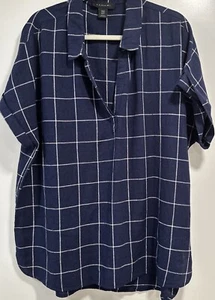 Tahari top Sz 1X v-neck dolman sleeve Hi-lo hem pullover Navy/white 55% linen - Picture 1 of 11