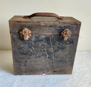 Vintage Tin Safety Suitcase Gramophone Record Keeping Box With Handle Old TI643 - Picture 1 of 7