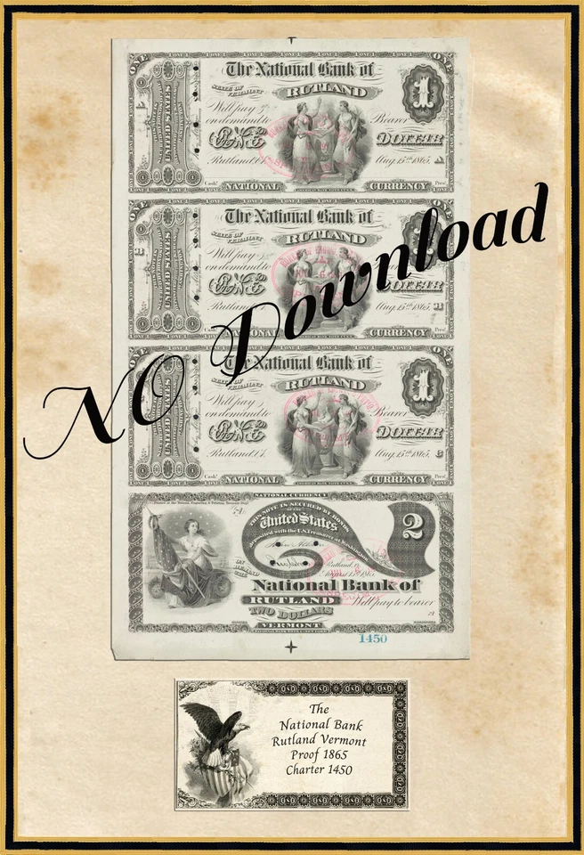 COPY 1865 Proof  $1-$2  The   National Bank Rutland Vermont #1450 - Image 1 of 1