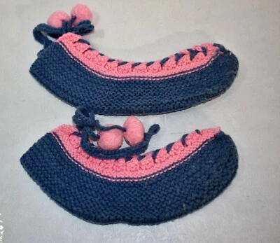 拖鞋袜手工针织蓝色和粉红色复古  — 第 1/4 张图片