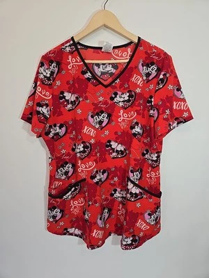 Disney Mickey Minnie Mouse Valentines Day Scrub Top Red Love XOXO Size Large - Image 1 of 4