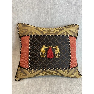 Vintage Sweet Dreams 90's Decorative Monkey Pillow Tassel Gold Accent Black Red - Image 1 of 4