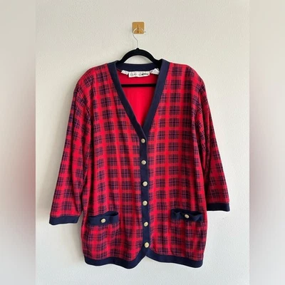 Vintage 80s Chaus Woman Red Plaid Cardigan | Gold Button Preppy Knit Size 2x - Image 1 of 4