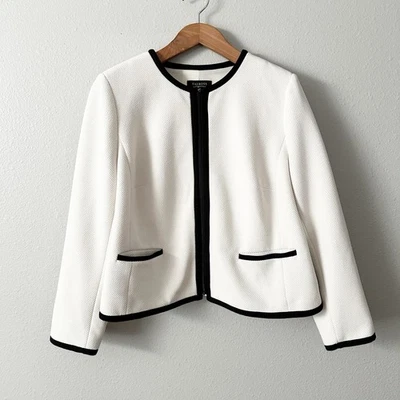 Chaqueta Blazer Talbots Para Mujer 18wp Tejido Crema Negro Ribete Cremallera Talla 18wp Foto 1 de 4