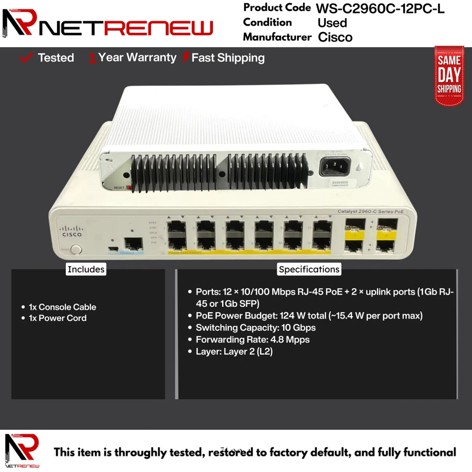 Cisco WS-C2960C-12PC-L  Compact Switch  12 Port PoE - Image 1 of 1