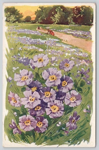 Arte postal mujer cuidando flores de prímula púrpura - jardinería granja - Imagen 1 de 2