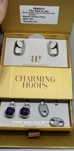 Bomb Party Charming Hoops “The Goal Is Joy” Purple Topaz & CZ On Rhodium Plating - Picture 1 of 3