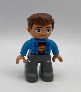 Lego Duplo Building Block Figure Man Dad Sweater Striped Circle Brown Hair Blue - Picture 1 of 2