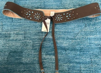 Leather Belt J Jill Brown Bohemian Turquoise Retro Beads Boho Festival L/XL NWT - Image 1 of 4