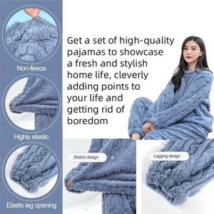 BLUE Winter Warm Ladies Fleece Pyjama Set Neck Top Pants Loungewear Nightwear - Picture 1 of 5