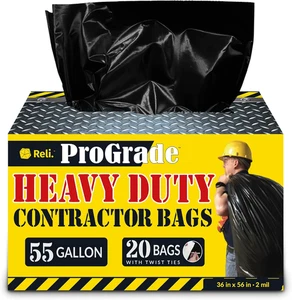 55 Gallon Contractor Garbage Bags | 20 Pack | Heavy Duty Black Trash Bags - Picture 1 of 12