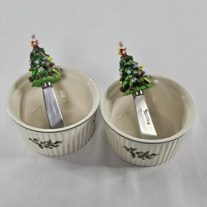 VINTAGE Spode CHRISTMAS TREE Bakeware Set Of 2 Ramekins & Butter Knives GC READ⬇ - Picture 1 of 12