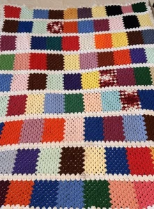Vtg Handmade Crochet Colorful, White Granny Square Afghan Throw Blanket 60”x50” - Picture 1 of 6