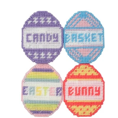 Handmade Easter Colorful Eggs Stitched Yarn Needlepoint Plastic Canvas Coasters - Image 1 of 3