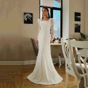 Simple Satin Mermaid Wedding Dresses Square Neck Puff Sleeves Train Bridal Gowns - Picture 1 of 9