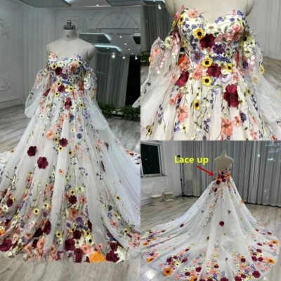 Elegant Lace 3D Flower Wedding Dresses Sweetheart Neck Sweep Train Bridal Gowns - Image 1 of 4