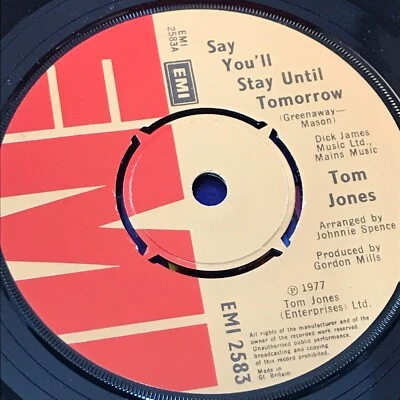 TOM JONES Say You'll Stay Until Tomorrow 1977 UK 7" vinyl single EXCELLENT COND - Bild 1 von 2