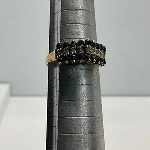 Anello in oro giallo 14 carati tripla fila di diamanti e zaffiri, fidanzamento, misura 9 - Foto 1 di 13