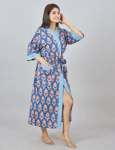 100% Cotton Floral Print Kimono Bathrobe with Pocket Printed Robe for Women - Picture 1 of 6