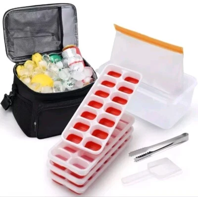 Silicone Ice Cube Tray with Lid And Bin for Freezer (4 Trays RED), Carry Bag  - Image 1 of 4