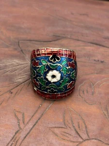 Fancy Vintage Enameled Floral Ring Copper Brass Sz 8.75 - Picture 1 of 7