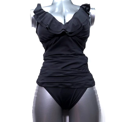 TRAJE DE BAÑO BIKINI TANKINI MUJER RALPH LAUREN -8- NEGRO VOLANTES ELÁSTICO 2 PIEZAS NUEVO Foto 1 de 4