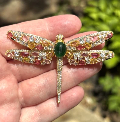 Dragonfly Brooch With Rhinestones Pink Rose Clear Green Body Gold Tone Metal - Image 1 of 4