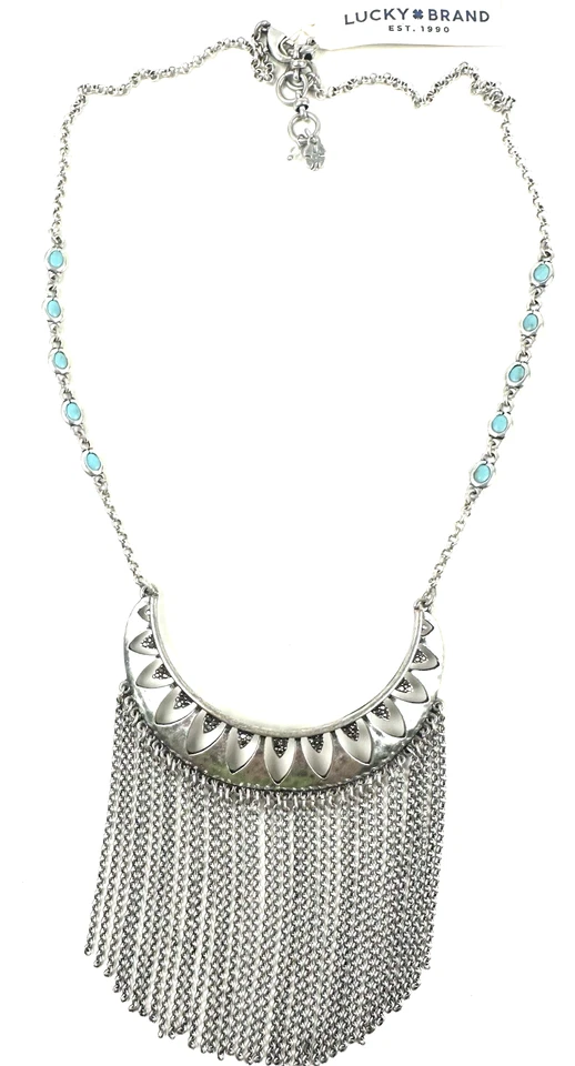 Lucky Brand серебристого тона бирюза и бахрома нагрудник ожерелье новый с Ярлыками - Изображение 1 из 1