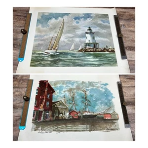 Lotto stampe artistiche Y E Soderberg & Paul Norton Faro Mystic Seaport vintage anni 60 - Foto 1 di 20