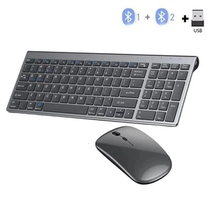 Gray Bluetooth 5.0 & 2.4G Wireless Keyboard Mouse Combo Rechargeable Full-Size - Picture 1 of 7