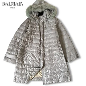 Balmain Women’s Gray Down Coat M Blue Fox Fur Zip Hood Detachable Mid-Length - Picture 1 of 20