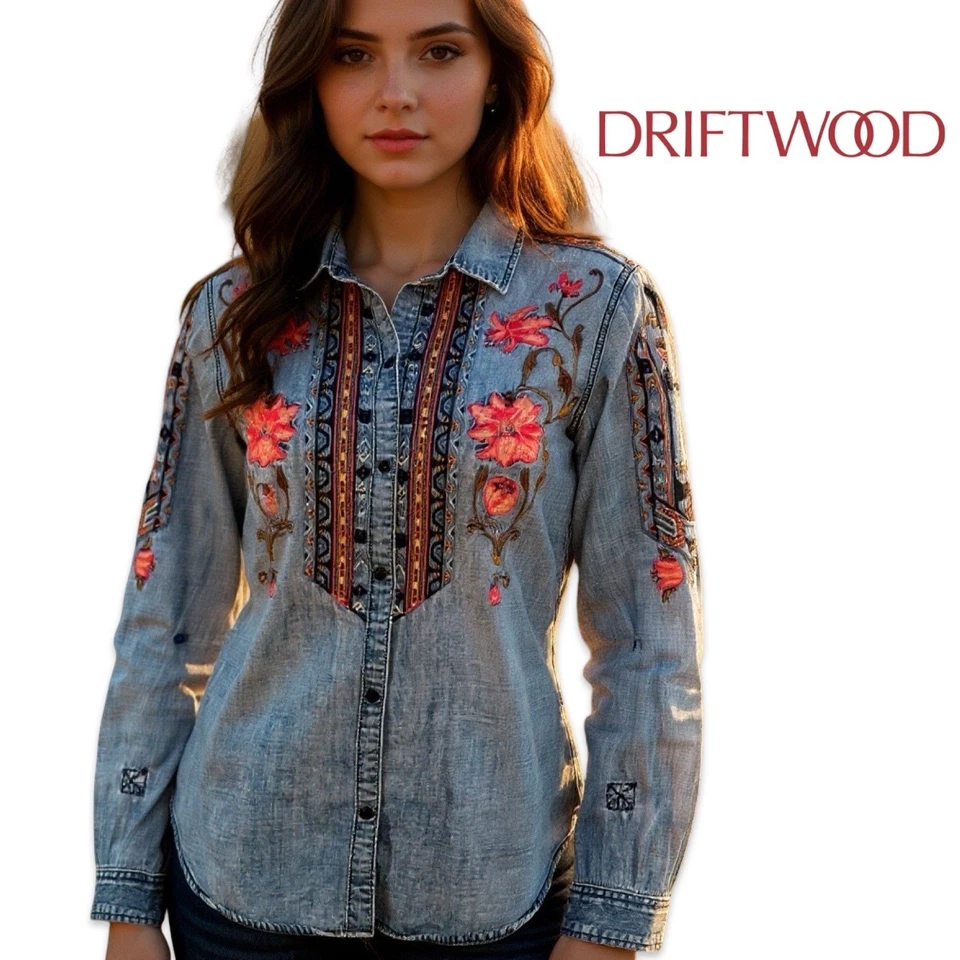 Driftwood Floral Embroidery Distressed Denim Western Shirt Womens Medium Country - Image 1 of 4