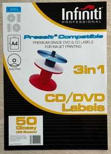Infiniti A4 Glossy CD Label (50) Preminum Quality Labels 25 sheets - 50 labels - Picture 1 of 6