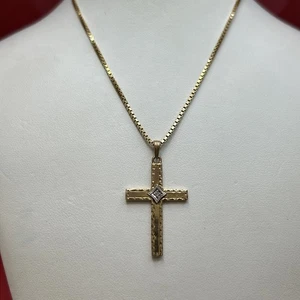 14K massive Gelbgold Box Gliederkette Halskette mit Kreuz Anhänger - Bild 1 von 7