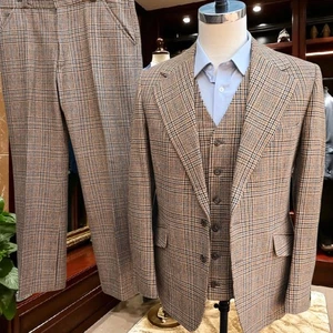 Vtg 3 Piece Tweed Suit 42s 34x29 1970s Tailored In England Wide Lapel Flare Leg - Picture 1 of 24