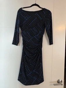 Ruched Black & Blue Patterned Midi Dress – 3/4 Sleeve, Size M, Back Zip - Picture 1 of 4