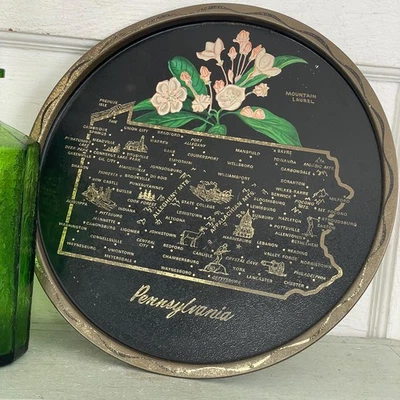 Vintage Round Black Tin Tray State Souvenir Serving Pennsylvania PA Pink Flower - Image 1 of 4