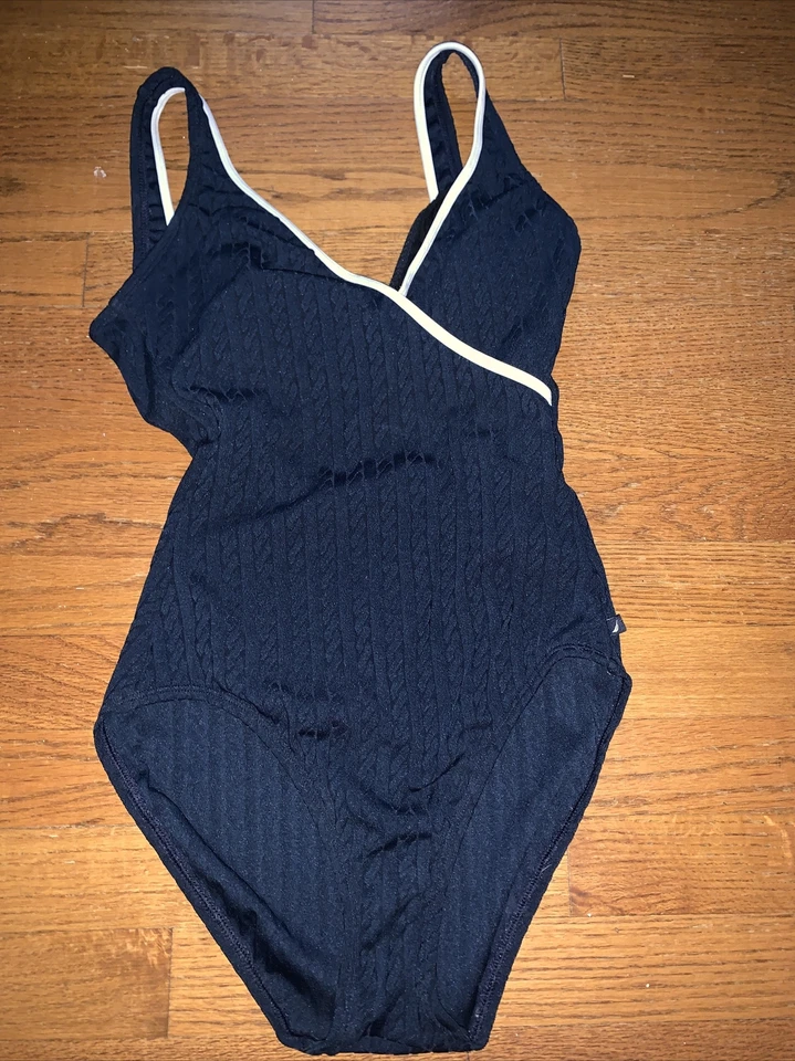 NAUTICA Navy Waffle Hint of White One Piece Bathing Suit Swimwear Sz 10 ❤️tb5m15 - Image 1 of 4
