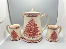 Vintage Cracker Barrel Hot Chocolate Pot Red Beige Country Christmas with 2 Mugs