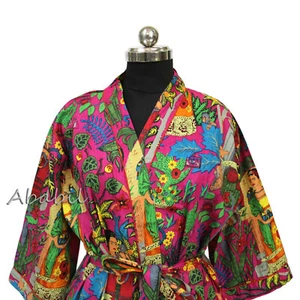 Indian Floral Cotton Kimono Dressing Gown One Size Bathrobe Women Sleepwear Robe - Picture 1 of 6