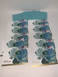 (10) Hallmark Thank You Blank Note Card: Watercolor Blue Floral Gold Edge Thanks - Picture 1 of 6