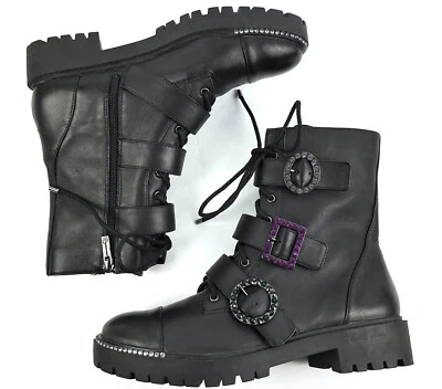 Jessica Simpson Combat Boots 8 Kirlah Black Leather Jeweled Buckle Lace Up New - Image 1 of 4