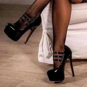 Women Pumps Buckle Straps Thin High Heels Round Toe Black Party Lady Shoes Party - Picture 1 of 5
