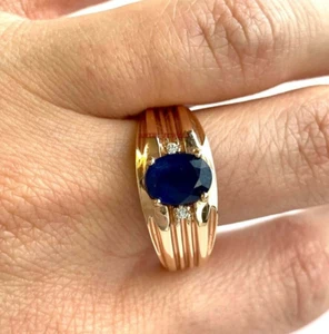 Heated Blue Sapphire Gemstone With 14K Rose Gold Plated Silver Ring for Men's #3 - Picture 1 of 11