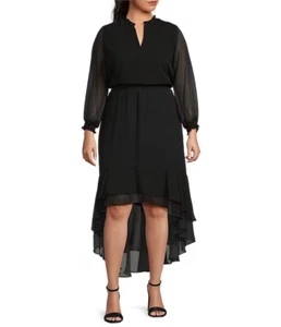 NWT 1 State Long Sleeve Smocked Cuff Split V-Neck High-Low Blouson Maxi Dress 2X - Picture 1 of 4
