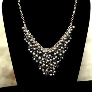 Metall Kunstperlen mit blau/lila Perlen Latz Cluster Halskette - Bild 1 von 8