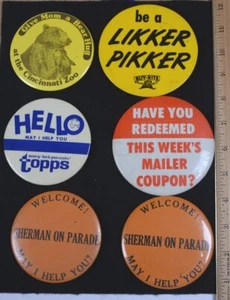 (6) Vintage Sammlerstück GROß 3,5"D Pinback Button LIKKER PIKKER Bär Umarmung Zoo - Bild 1 von 2