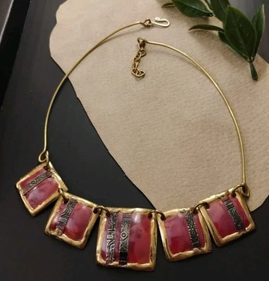 Artistan Enameled METALLIC Brass and Silver (?) Panelled 16"+  Welded Necklace! - Image 1 of 4